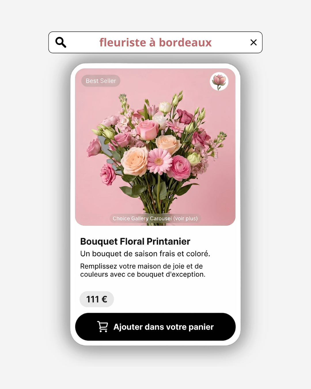Résultat de recherche « fleuriste à Bordeaux » sur mobile, affichant une fiche produit de bouquet printanier avec photo, description, prix et bouton d'ajout au panier.