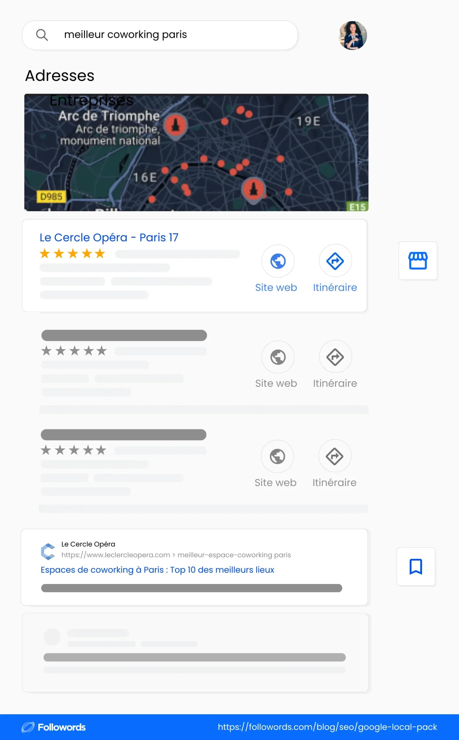 Fiche Google d'un salon affichant des photos, une note et des horaires.